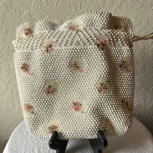 Vintage: White Beaded Handbag- Floral Accents- Drawstring
